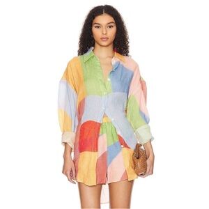 Vitamin A 100% Linen Playa Oversized Shirt Abstract Colorblock Size Large